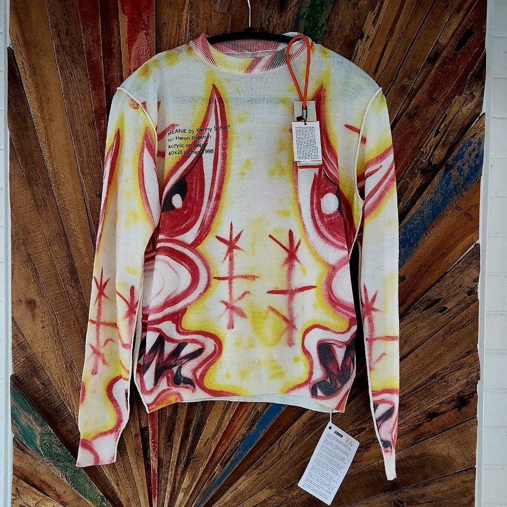 Heron Preston x Kenny Scharf crewneck wool exposed seams sweater Sz XS